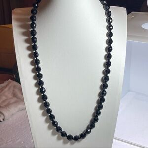 Vintage Black Faceted Glass Bead Necklace Barrel Clasp 1950s–70s Retro Jewelry